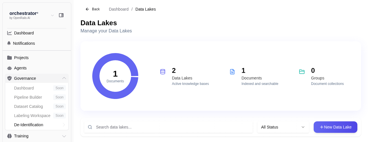 Data Lakes management page