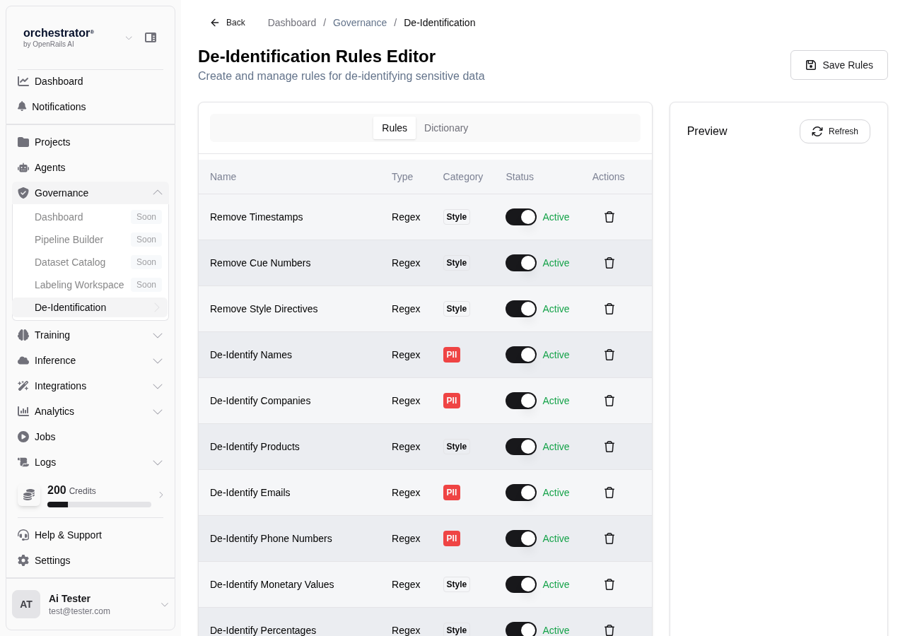 De-Identification Rules Editor