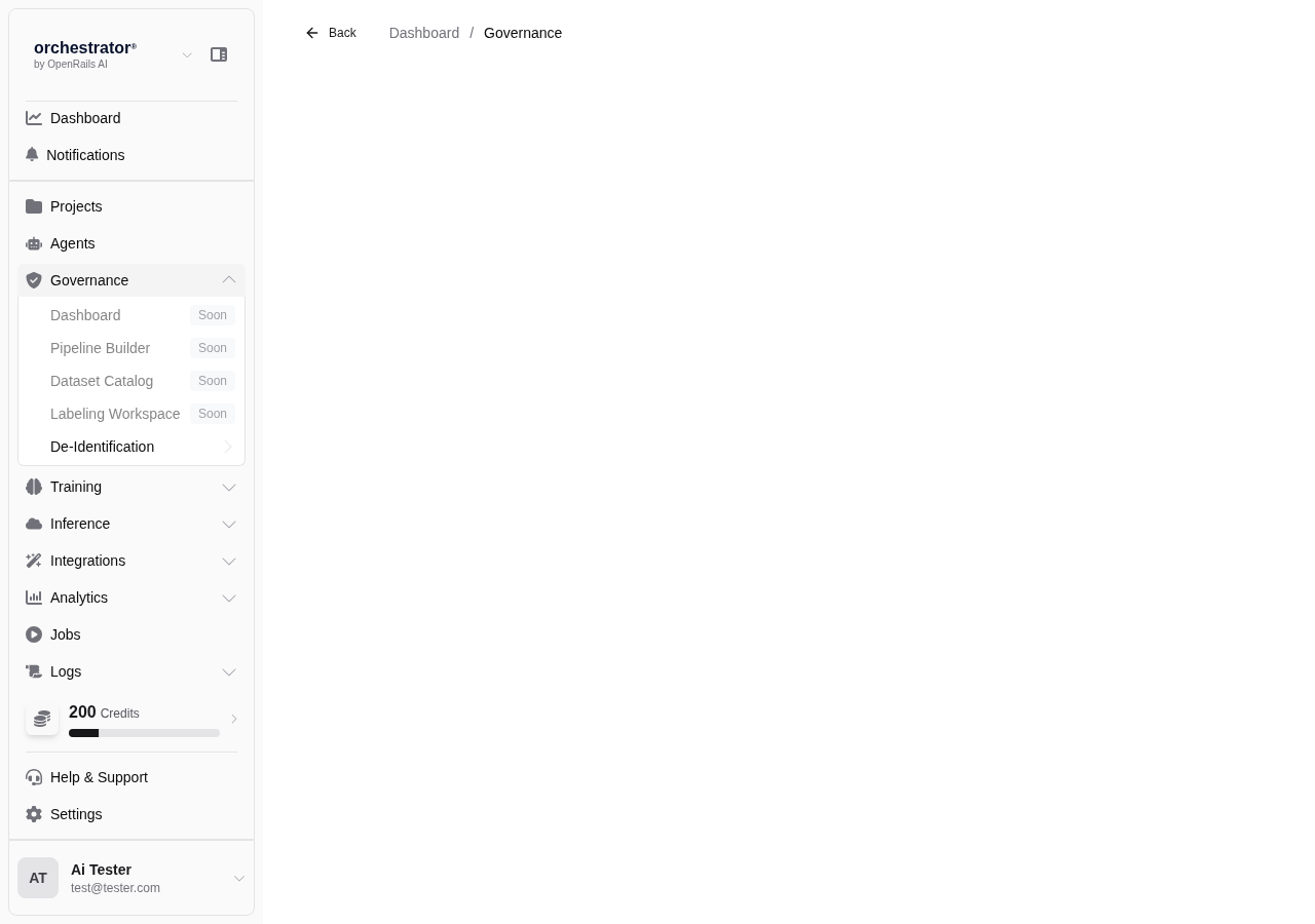 Governance section in the dashboard